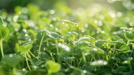 Detailed shot of microgreens with dewdrops on lush green leaves, organic food,