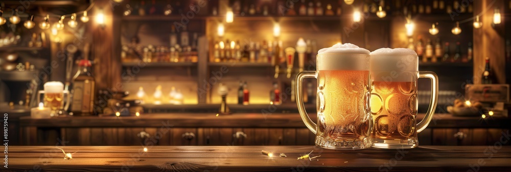 Poster two full beer mugs sit on a wooden bar countertop with a blurred bar background. generative ai