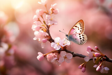 Obraz premium A macro shot with shallow depth of field of a pink butterfly which is sitting on a blooming flowerwith a background of typical flowers such as apple blossom a spring background with bokeh and a sunset