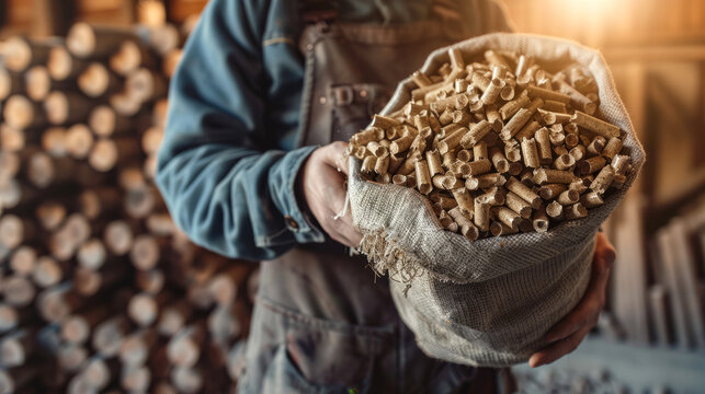 Man holding bag of wood pellets in storage area