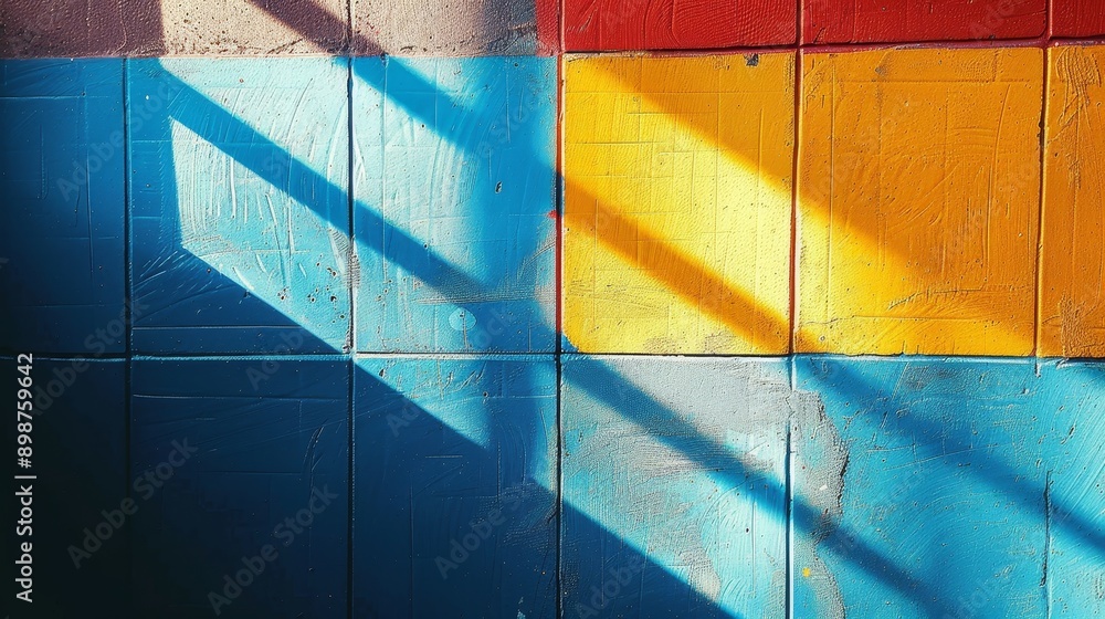 Poster abstract photo of a tiled wall with colors like blue, yellow, and red. the tiles are arranged in a p
