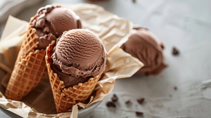 Chocolate ice cream served in a waffle cone on artisanal paper