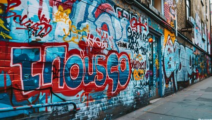 Naklejka premium A graffiti wall with the word in bold, colorful letters, surrounded by other urban art and street-style decorations. The background is an alleyway or cityscape, adding to its cool vibe