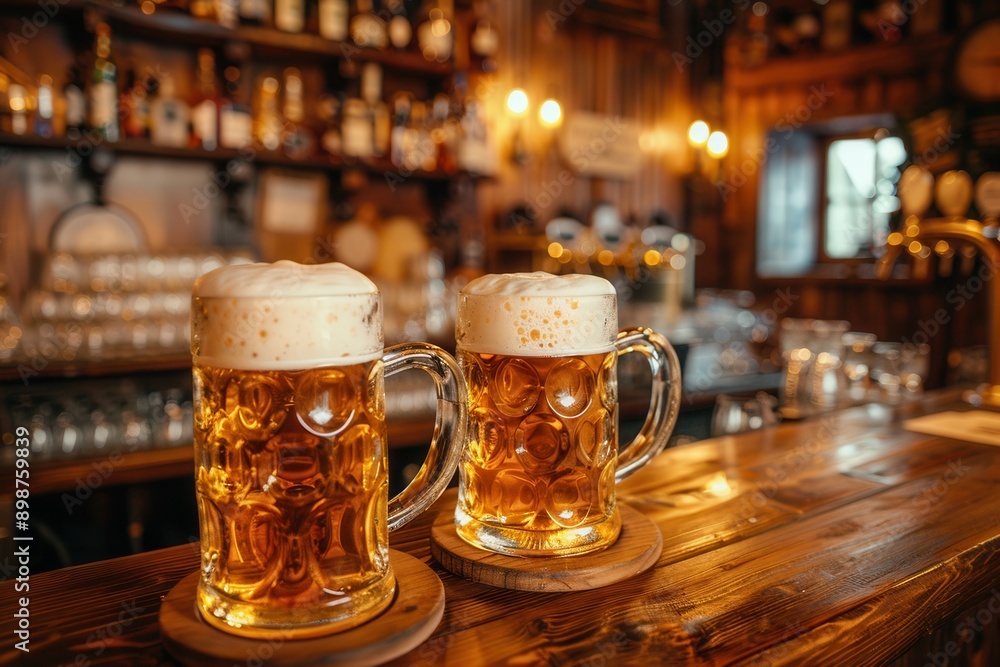 Poster two full mugs of beer sit on a wooden bar counter in a dimly lit pub. generative ai
