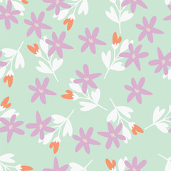 Hand drawing floral seamless pattern with cotton twigs and berries bouquets on a beige background. Winter Christmas themed background. Botanical illustration.