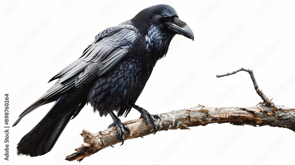 Poster dark-feathered raven perched on a bare branch, its sharp claws tightly gripping the wood
