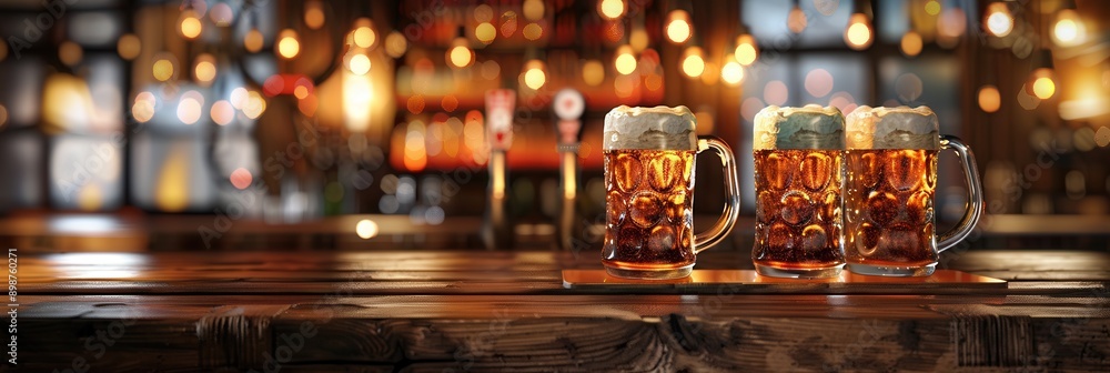 Poster Two full beer mugs with foam tops sit on a wooden counter in front of a blurry bar scene with warm lights. Generative AI
