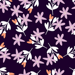 Hand drawing floral seamless pattern with cotton twigs and berries bouquets on a beige background. Winter Christmas themed background. Botanical illustration.