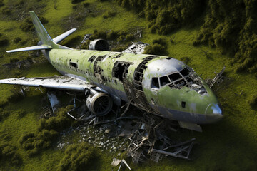 An old crashed large airplane wreck overgrown with moss and plants at the airport landing strip with airplane parts laying around the wreck seen from above