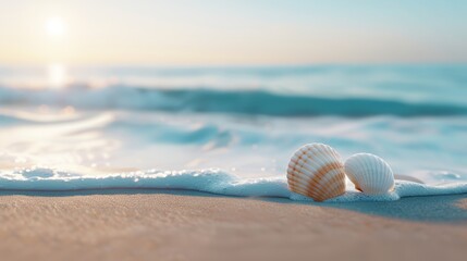 Obraz premium A serene beach with gentle waves, seashells, and a colorful sunset, with copy space, high-resolution photo, cinematic image, hyper realistic