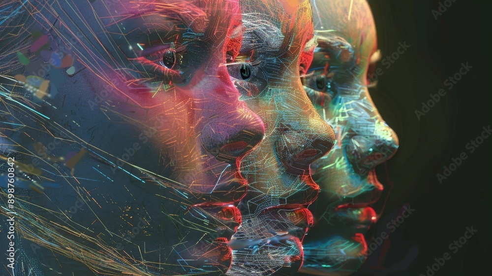 Poster three faces merge, forming a digital identity. glitches and distortion represent the complexities of