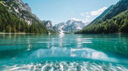 A serene mountain lake with clear water, surrounded by pine trees, with copy space, high-resolution photo, cinematic image, hyper realistic