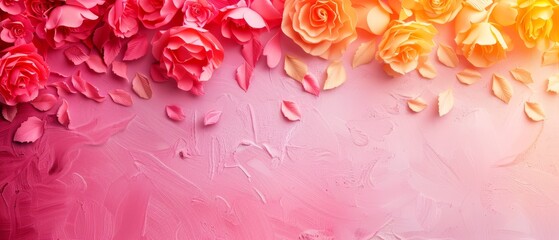  A painting of vibrant pink, yellow, and red flowers against a soft pink and yellow backdrop, adorned with water droplets