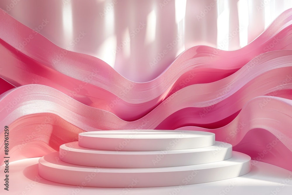 Poster abstract 3d render background with pink waves and an empty podium