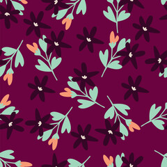 Hand drawing floral seamless pattern with cotton twigs and berries bouquets on a beige background. Winter Christmas themed background. Botanical illustration.