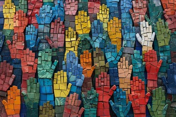 Obraz premium Title: Harmonious Mosaic of Multicultural Palms Representing Unity and Collaboration, with Space for Custom Messaging.