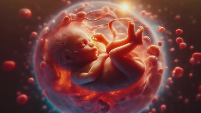 Artistic photorealistic clip of fetus in the womb. Early childhood, pregnancy, miracle of life, fertility, pro-choice, abortion rights and anti-abortion topics illustration. 