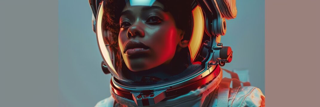 A close-up portrait of a female astronaut, illuminated by vibrant neon lights. Her determined gaze suggests anticipation and a sense of adventure, representing the courage and determination needed for
