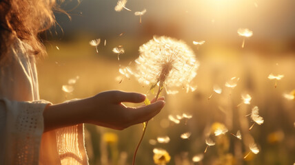 A caucasian person holding a dandelion in her hand while the seeds are being blown away by the wind; a nature connectivity concept 