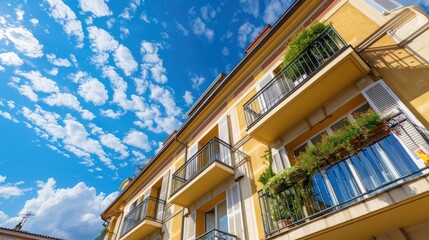 Obraz premium Yellow Building with Balconies Against a Blue Sky