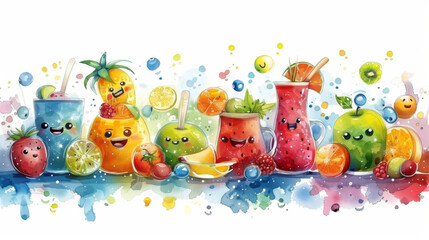 Obraz premium A colorful image of fruit and drinks with cartoon faces on them