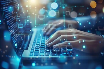 Elegant Hands Typing on Modern Keyboard in Blue Light, Representing Cybersecurity and Encrypted Data Protection, with Space for Text on the Side.