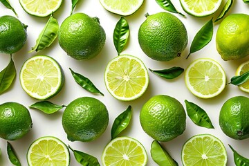 Artistic Arrangement of Lime-Green Citrus Leaves on White Background with Space for Text