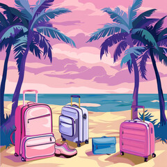 Fototapeta premium Colorful luggage awaits on a tropical beach, surrounded by palm trees and a stunning sunset, perfect for travel themes.
