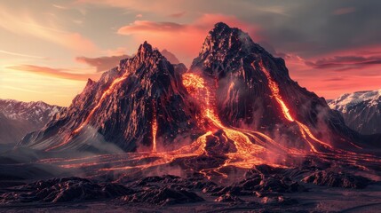 Naklejka premium volcanic mountains, hyper realistic, clip art, digital artwork