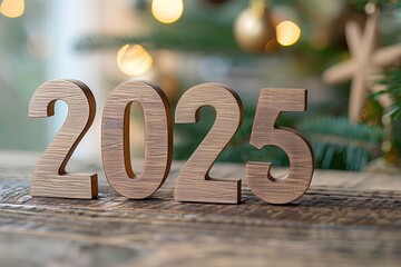 The numbers "2025" made of wood on the table, bokeh background with Christmas tree branches and decorations, blurred background. New Year concept