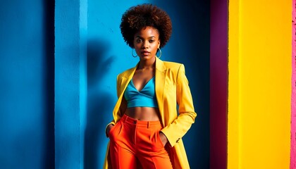 Photo of a trendy young brunette woman with an empowered, confident expression, wearing bold, fashionable clothing, colors vibrant and saturated, style contemporary fashion. 6