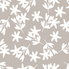 Elegance pink floral stems seamless pattern on a grey background. Vector hand drawn. Artistic, abstract flowers and tiny leaves, buds bells printing. Template for designs, fabric, fashion, textile
