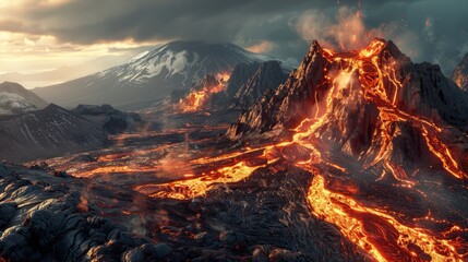 Fototapeta premium volcanic mountains, hyper realistic, clip art, digital artwork