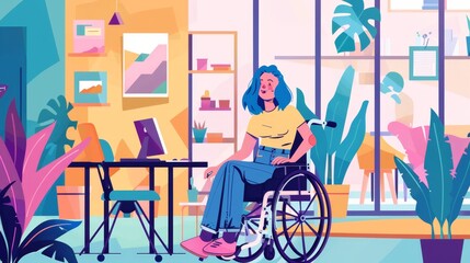A young woman with blue hair sits in a wheelchair at a desk in a modern office, showcasing a diverse and inclusive workplace environment. The bright colors and modern furniture create a welcoming and 
