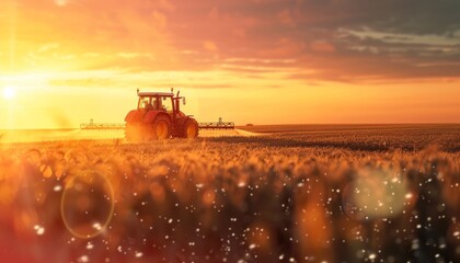 Ultra-sharp photo depicting an irrigation tractor in action, spraying or harvesting an agricultural