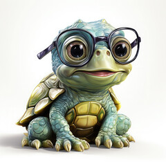 Watercolor Cute little green turtle with glasses in front of studio, clipart Illustration, Generative Ai