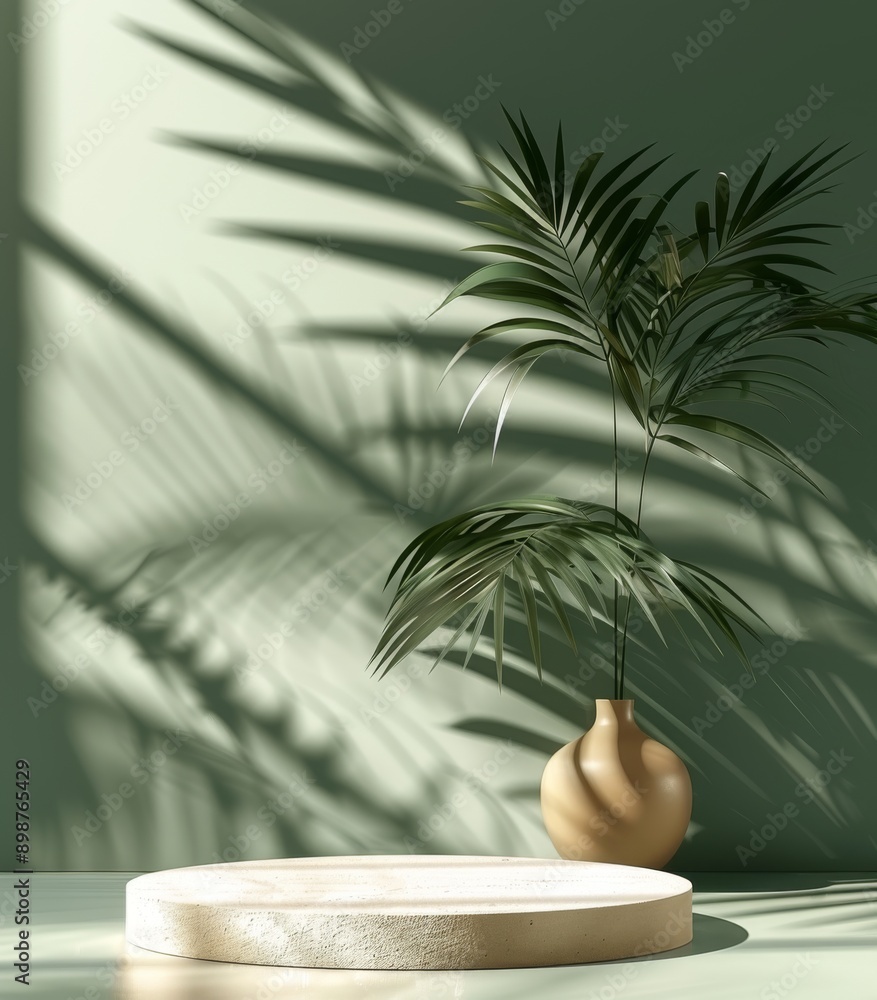 Poster 3d render of empty podium scene with abstract background and tropical palm leaves