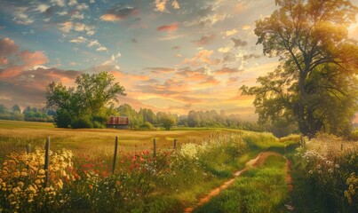 Impressionist-style landscape with soft brushstrokes and vivid colors, capturing the serene beauty of a countryside scene