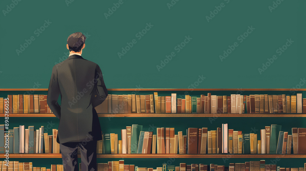 Poster a man in a suit stands in front of a bookshelf filled with books, symbolizing knowledge, exploration