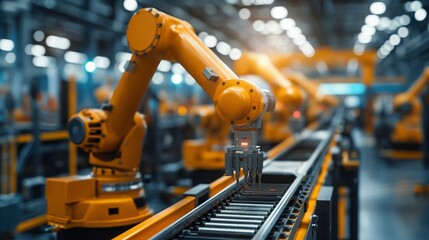 robotics factory with automated assembly lines and robots programmed