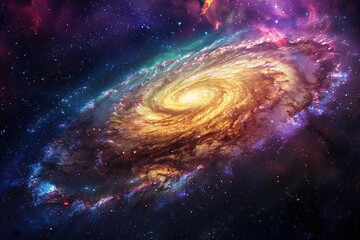 Obraz premium Bird's-eye view of a colorful swirling galaxy in a vibrant celestial environment filled with nebulae and stars, offering ample space for text.