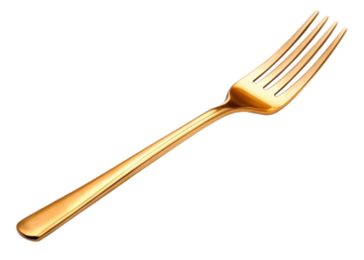A golden fork isolated on a transparent background, ideal for luxury dining and kitchen themes. PNG.