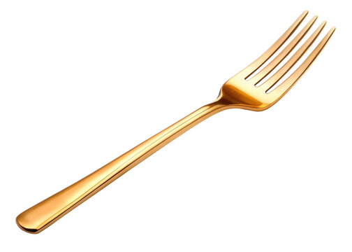 A golden fork isolated on a transparent background, ideal for luxury dining and kitchen themes. PNG.