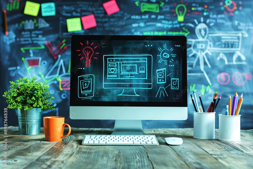 Poster sleek office setup with modern computer and simple app drawings on neutral background