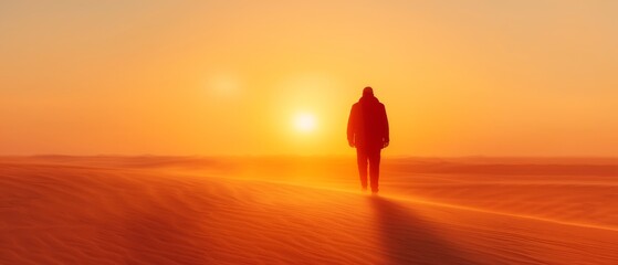 Fototapeta premium A person silhouetted against a sunset in a desert, another stands centrally