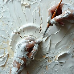 Artisan’s Hand Crafting Textured Masterpiece with White Paint on Canvas