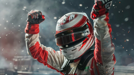A race car driver celebrates their victory, raising their arms in triumph while wearing a helmet and racing suit, symbolizing achievement, adrenaline, speed, competition, and perseverance.