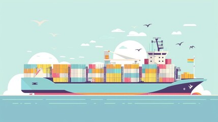 Obraz premium Flat design pastel-colored cargo ship navigating, import-export logistics, illustrating global shipping routes