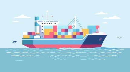 Obraz premium Flat design pastel-colored cargo ship navigating, import-export logistics, illustrating global shipping routes