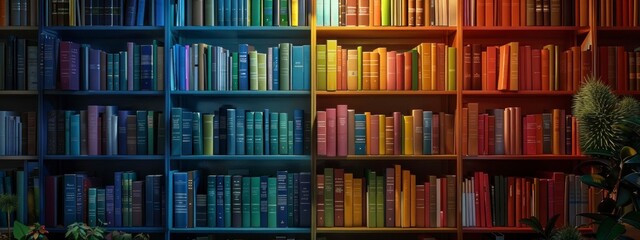 Colorful bookshelf filled with a variety of books. Bright lighting, vibrant colors.
